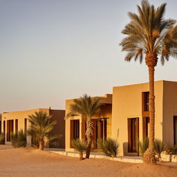 Exterior design of a rustic hotel in Siwa Oasis during daytime, embodying the local architecture with sun-drenched beige buildings, palm trees, and a backdrop of majestic desert dunes.