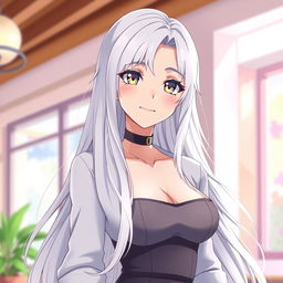 A very attractive anime mom with long, flowing white hair