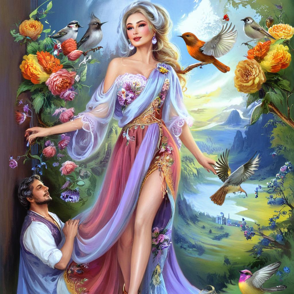 Full body beautiful Russian woman in colorful clothes with beauty flowers and small birds