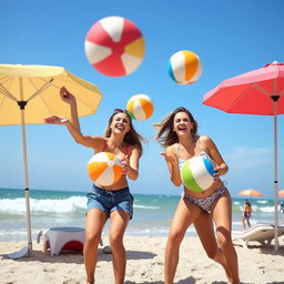 A playful scene featuring young adults happily juggling colorful beach balls on a sunny day at the beach, surrounded by bright umbrellas and gentle waves, with smiles and laughter, emphasizing a carefree summer vibe