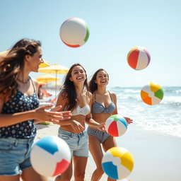 A playful scene featuring young adults happily juggling colorful beach balls on a sunny day at the beach, surrounded by bright umbrellas and gentle waves, with smiles and laughter, emphasizing a carefree summer vibe