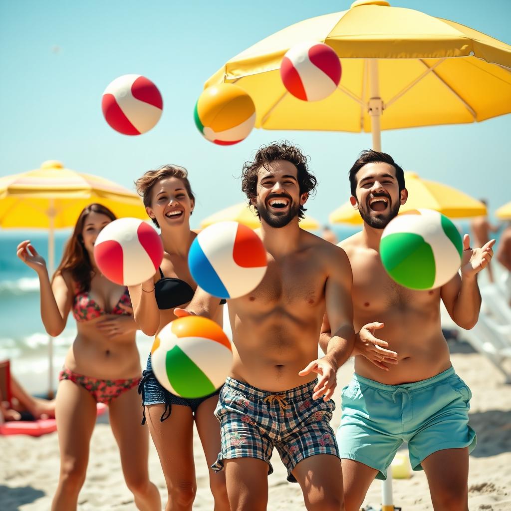 A playful scene featuring young adults happily juggling colorful beach balls on a sunny day at the beach, surrounded by bright umbrellas and gentle waves, with smiles and laughter, emphasizing a carefree summer vibe