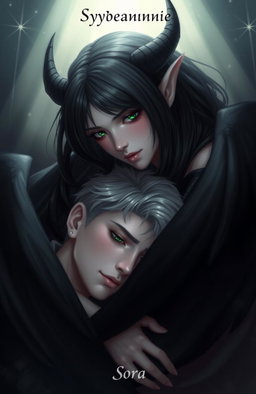 A beautiful scene depicting a female demon with long black hair and emerald green eyes, gently leaning over a young man with gray eyes and ash-blond hair