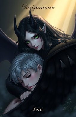 A beautiful scene depicting a female demon with long black hair and emerald green eyes, gently leaning over a young man with gray eyes and ash-blond hair