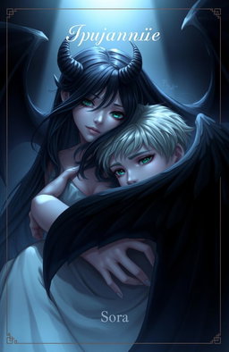 A beautiful scene depicting a female demon with long black hair and emerald green eyes, gently leaning over a young man with gray eyes and ash-blond hair