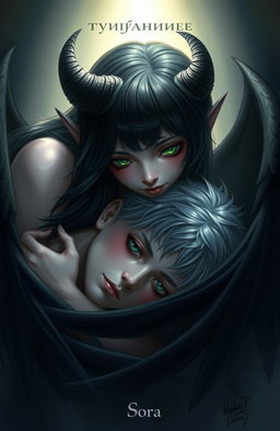 A beautiful scene depicting a female demon with long black hair and emerald green eyes, gently leaning over a young man with gray eyes and ash-blond hair