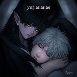 A captivating scene featuring a female demon with long black hair and emerald green eyes, tenderly leaning over a young man who has gray eyes and ash-blond hair