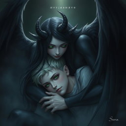 A captivating scene featuring a female demon with long black hair and emerald green eyes, tenderly leaning over a young man who has gray eyes and ash-blond hair