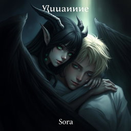 A captivating scene featuring a female demon with long black hair and emerald green eyes, tenderly leaning over a young man who has gray eyes and ash-blond hair