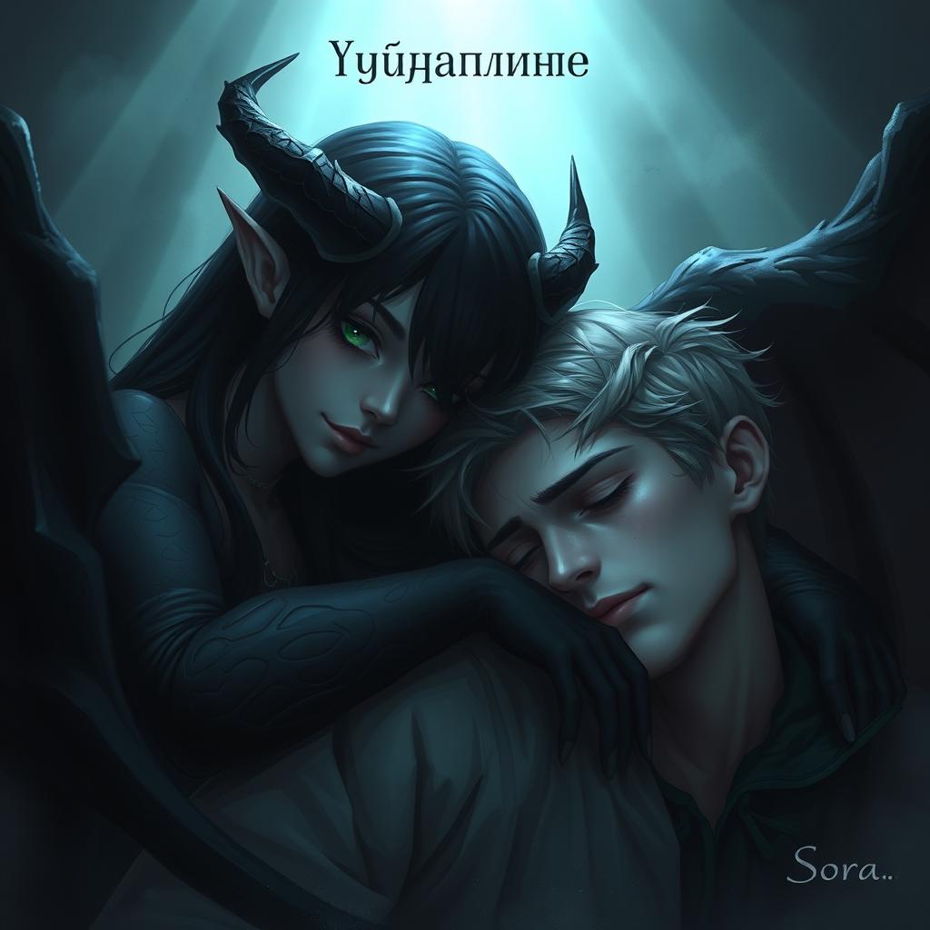 A captivating scene featuring a female demon with long black hair and emerald green eyes, tenderly leaning over a young man who has gray eyes and ash-blond hair