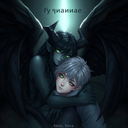 An enchanting illustration featuring a female demon with long black hair and luminous emerald green eyes, leaning tenderly over a young man with gray eyes and ash-blond hair