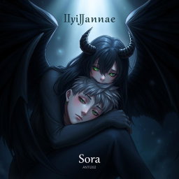 An enchanting illustration featuring a female demon with long black hair and luminous emerald green eyes, leaning tenderly over a young man with gray eyes and ash-blond hair