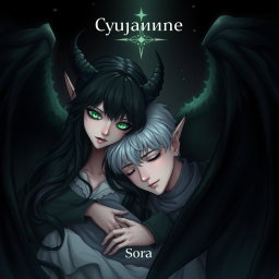 An enchanting illustration featuring a female demon with long black hair and luminous emerald green eyes, leaning tenderly over a young man with gray eyes and ash-blond hair