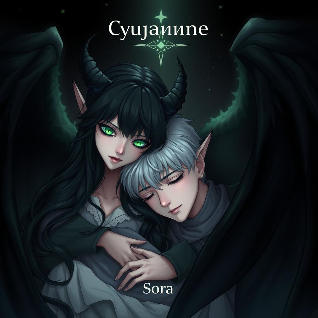 An enchanting illustration featuring a female demon with long black hair and luminous emerald green eyes, leaning tenderly over a young man with gray eyes and ash-blond hair