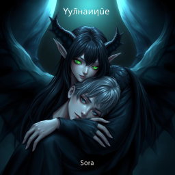 An enchanting illustration featuring a female demon with long black hair and luminous emerald green eyes, leaning tenderly over a young man with gray eyes and ash-blond hair