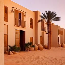 Exterior design of a rustic hotel in Siwa Oasis during daytime, embodying the local architecture with sun-drenched beige buildings, palm trees, and a backdrop of majestic desert dunes.