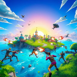 A dynamic and colorful scene inspired by the popular game Fortnite, depicting an epic battle on a vibrant island landscape