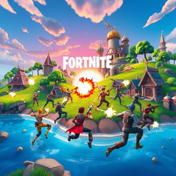 A dynamic and colorful scene inspired by the popular game Fortnite, depicting an epic battle on a vibrant island landscape