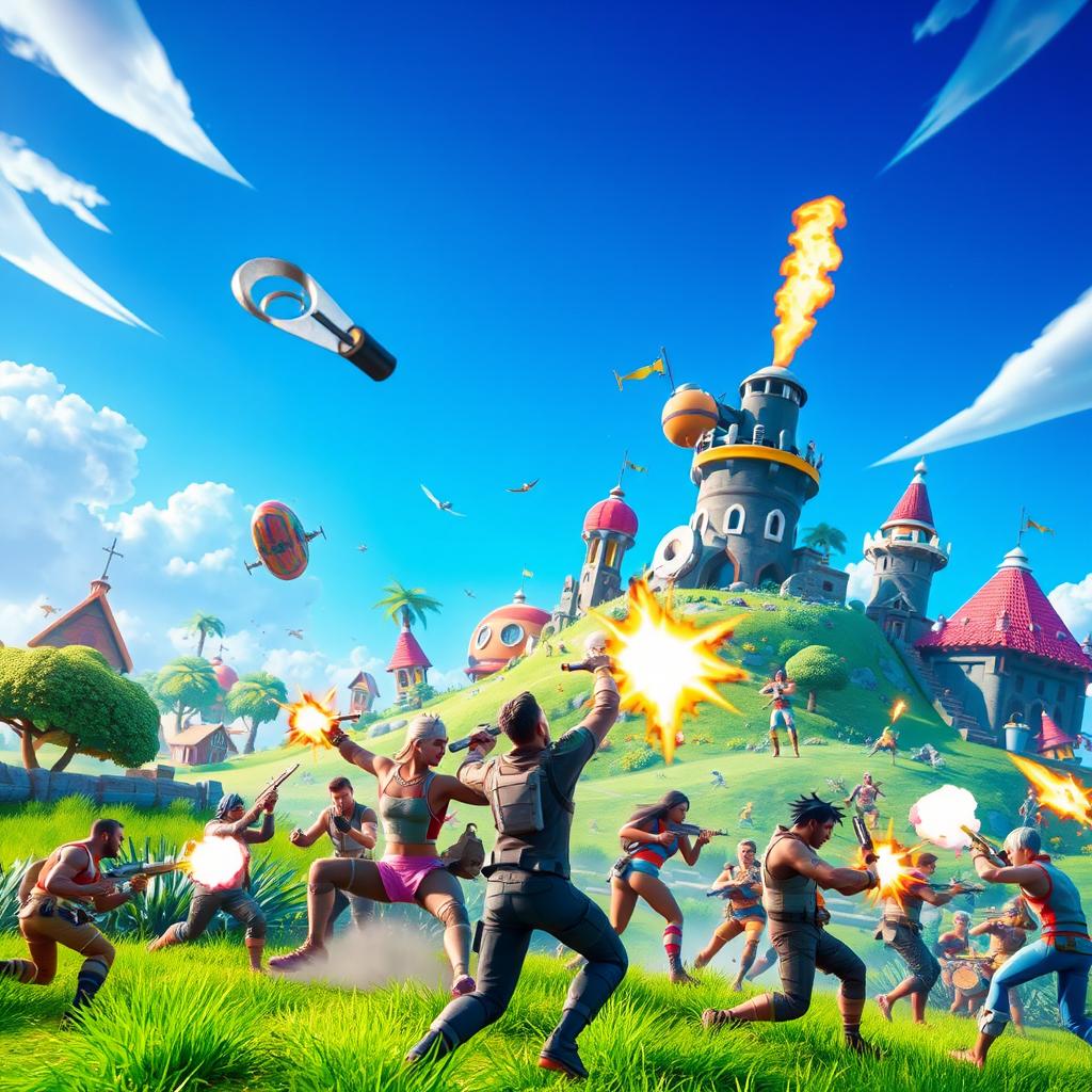 A dynamic and colorful scene inspired by the popular game Fortnite, depicting an epic battle on a vibrant island landscape
