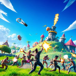 A dynamic and colorful scene inspired by the popular game Fortnite, depicting an epic battle on a vibrant island landscape