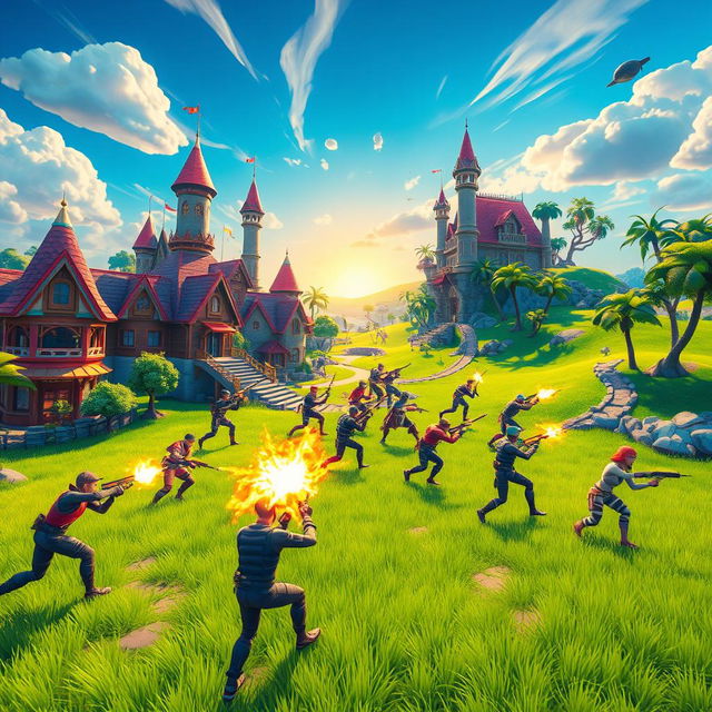A dynamic and colorful scene inspired by the popular game Fortnite, depicting an epic battle on a vibrant island landscape