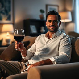 A man wearing a white blouse sitting comfortably on a plush sofa in a cozy living room, holding a glass of red wine
