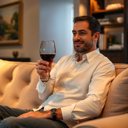 A man wearing a white blouse sitting comfortably on a plush sofa in a cozy living room, holding a glass of red wine