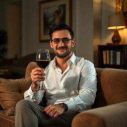 A man wearing a white blouse sitting comfortably on a plush sofa in a cozy living room, holding a glass of red wine