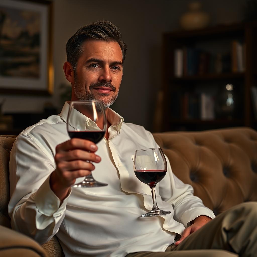 A man wearing a white blouse sitting comfortably on a plush sofa in a cozy living room, holding a glass of red wine