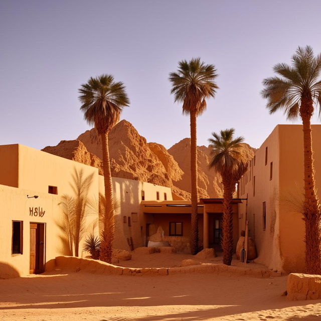 Exterior design of a rustic hotel in Siwa Oasis during daytime, embodying the local architecture with sun-drenched beige buildings, palm trees, and a backdrop of majestic desert dunes.