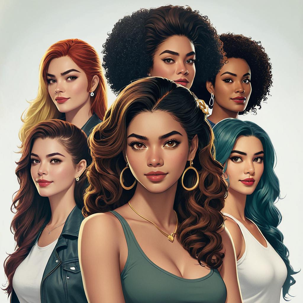 quero uma garota morena no centro, uma ruiva na direita ao lado da ruiva uma loira e uma morena de cabelo no ombro, na esquerda da garota no centro quero outra menina de cabelo curtinho, uma menino moreno de cabelo preto e uma branco de cabelo branco