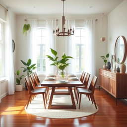 A beautifully redesigned dining room featuring a modern aesthetic with a wooden dining table set for six with elegant tableware