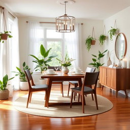 A beautifully redesigned dining room featuring a modern aesthetic with a wooden dining table set for six with elegant tableware