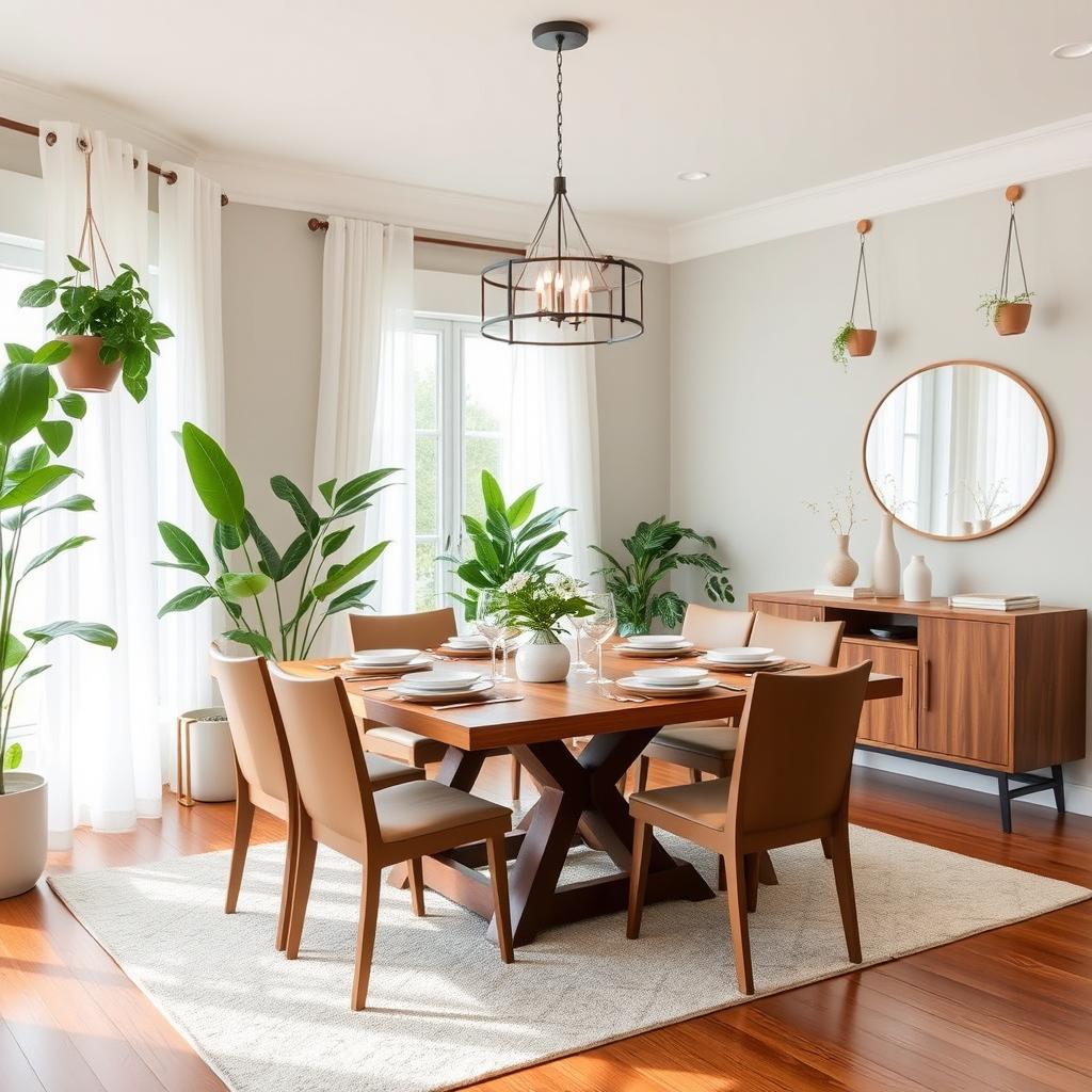 A beautifully redesigned dining room featuring a modern aesthetic with a wooden dining table set for six with elegant tableware