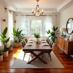 A beautifully redesigned dining room featuring a modern aesthetic with a wooden dining table set for six with elegant tableware
