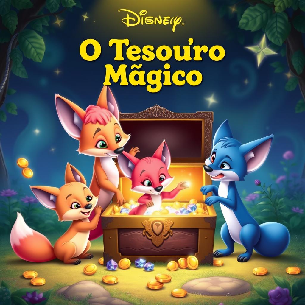 A whimsical Disney Pixar-style poster titled 'O Tesouro Mágico' featuring three charming foxes: one pink, one yellow, and one blue