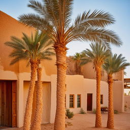 Exterior design of a rustic hotel in Siwa Oasis during daytime, embodying the local architecture with sun-drenched beige buildings, palm trees, and a backdrop of majestic desert dunes.