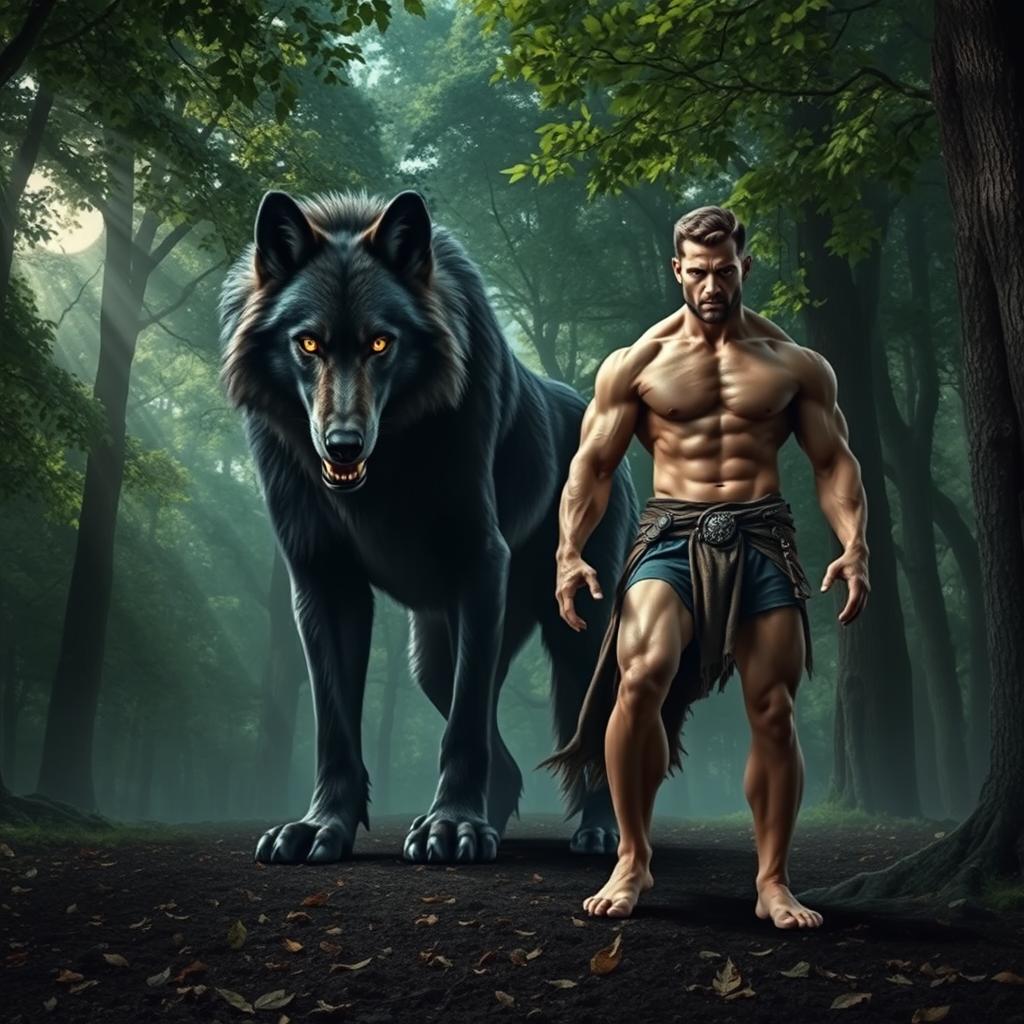 A majestic alpha werewolf standing in a dense, mystical forest, showcasing both his fierce wolf form and his imposing human form