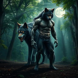 A majestic alpha werewolf standing in a dense, mystical forest, showcasing both his fierce wolf form and his imposing human form