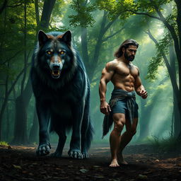 A majestic alpha werewolf standing in a dense, mystical forest, showcasing both his fierce wolf form and his imposing human form
