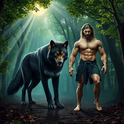 A majestic alpha werewolf standing in a dense, mystical forest, showcasing both his fierce wolf form and his imposing human form