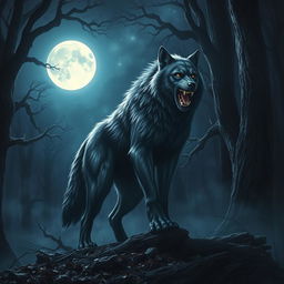 A powerful alpha werewolf standing majestically in a dark, enchanting forest at night