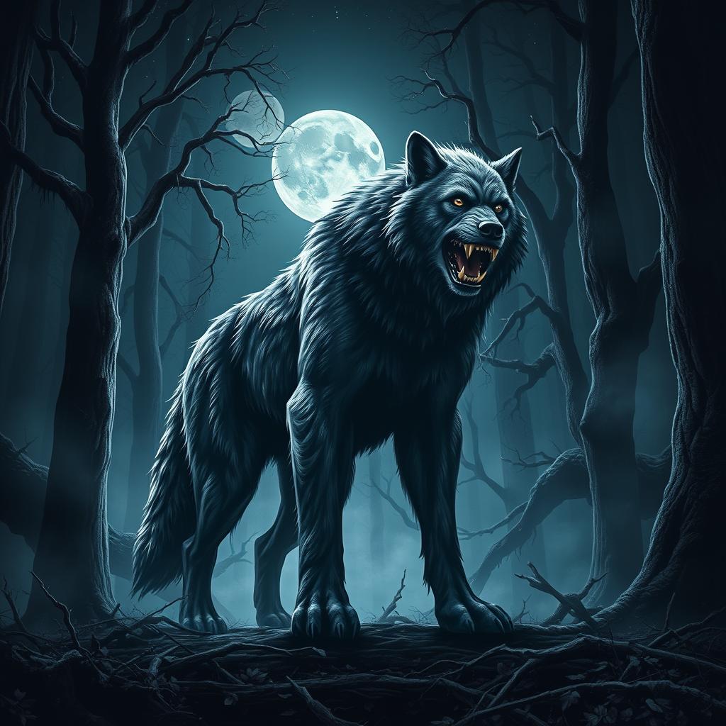 A powerful alpha werewolf standing majestically in a dark, enchanting forest at night