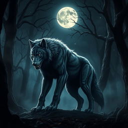 A powerful alpha werewolf standing majestically in a dark, enchanting forest at night