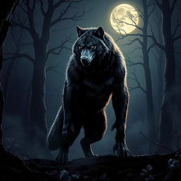 A powerful alpha werewolf standing majestically in a dark, enchanting forest at night