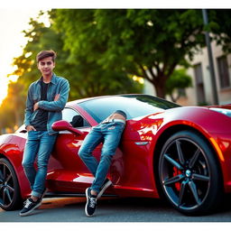 A teenage boy casually leaning against a sleek car, showcasing a relaxed and confident demeanor