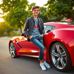 A teenage boy casually leaning against a sleek car, showcasing a relaxed and confident demeanor