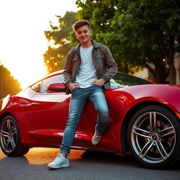 A teenage boy casually leaning against a sleek car, showcasing a relaxed and confident demeanor