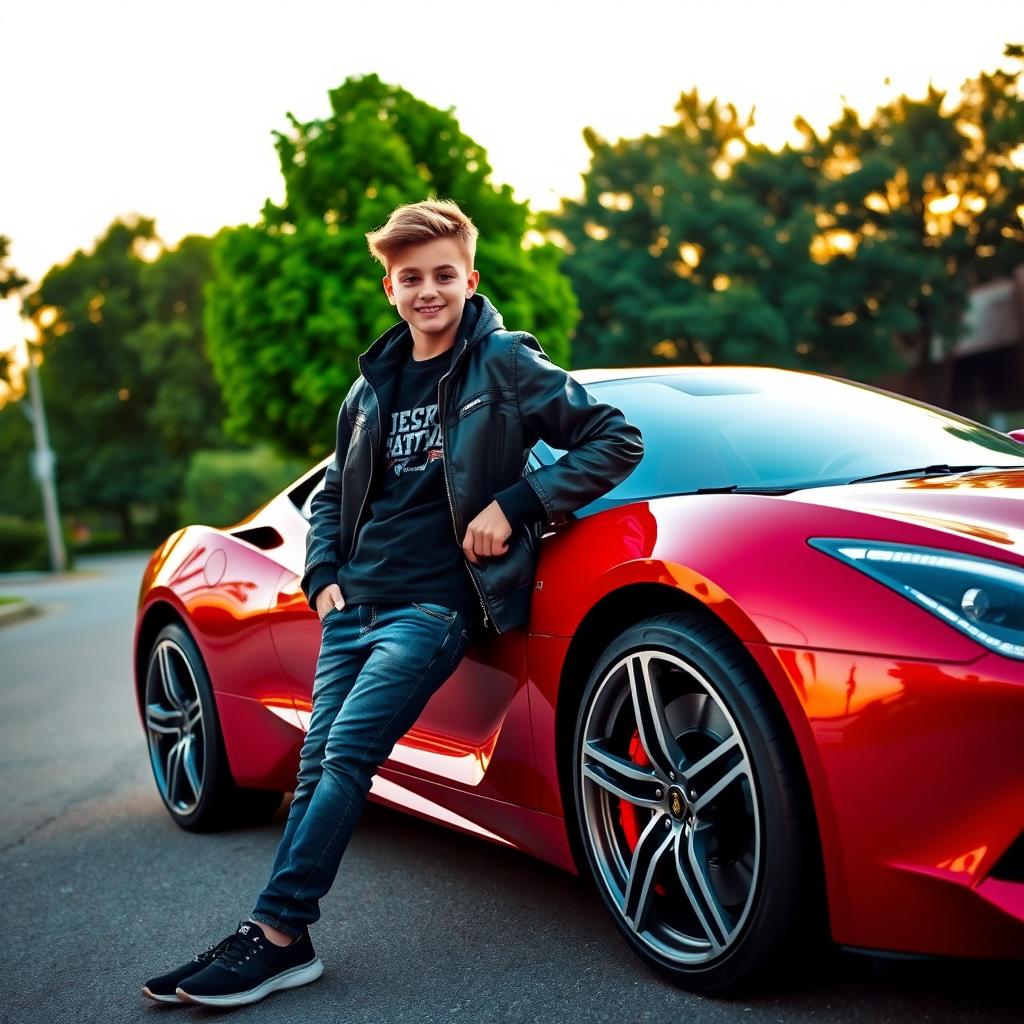 A teenage boy casually leaning against a sleek car, showcasing a relaxed and confident demeanor