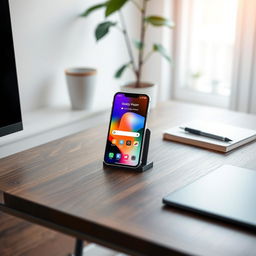 A high-quality mockup showcasing a modern smartphone on a sleek desk
